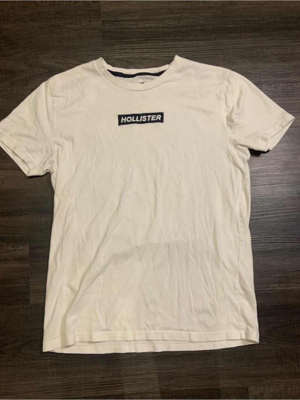 Hollister White T-Shirt with Navy Logo Patch